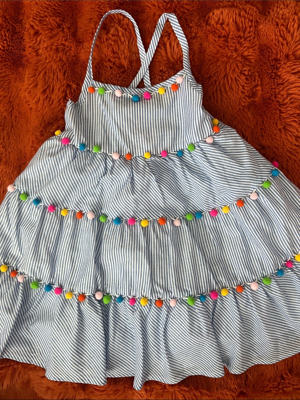 Tommy Bahama Blue Stripe Tiered Dress with Colorful Pom-Poms